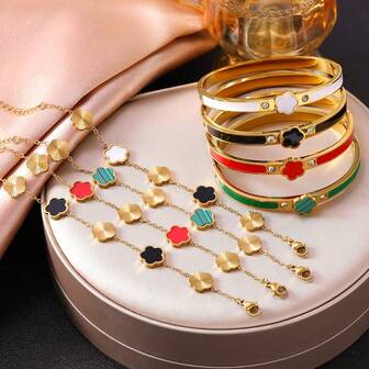 18k Gold Plated Titanium Steel Colorful Four-Leaf Clover Bracelet & Bangle Jewelry Set, Enamel Inlaid Stainless Steel Fashion Jewelry Series