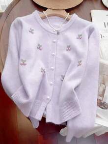 可爱樱桃刺绣珍珠装饰针织开衫，女士百搭设计，秋冬款 - 淡紫色 - 查看 3