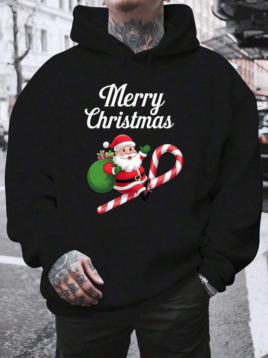Sudadera con capucha con cordón y estampado de letras para hombre, para otoño - Negro - View 1