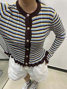 SEREN New Spring Striped Contrast Color Crew Neck Button-Up Long Sleeve Knit Cardigan, Slim Fit Flattering Ruffle Hem Long Sleeve Knit Top, - Multicolor - View 11