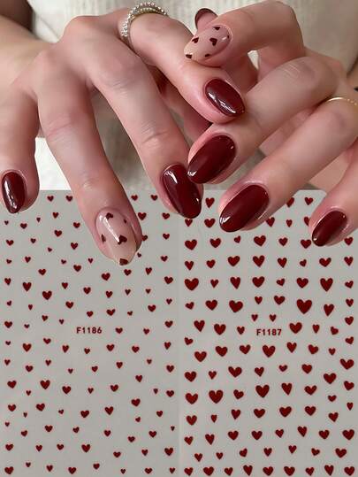 2PCS Mini Heart Nail Art Stickers, 3D Self-Adhesive Sparkling Love Nail Decals With Shiny Red Heart Designs, Perfect Valentine's Day Romantic Stickers For DIY Manicure Decoration Accessories Nails