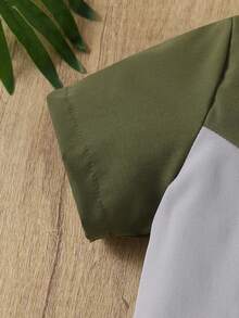 2pcs/Set Young Boys Colorblock Letter Print Button-Down Short Sleeve Shirt And Solid Simple Comfortable Shorts, Summer - Olive Green - View 6