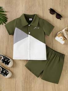 2pcs/Set Young Boys Colorblock Letter Print Button-Down Short Sleeve Shirt And Solid Simple Comfortable Shorts, Summer - Olive Green - View 1