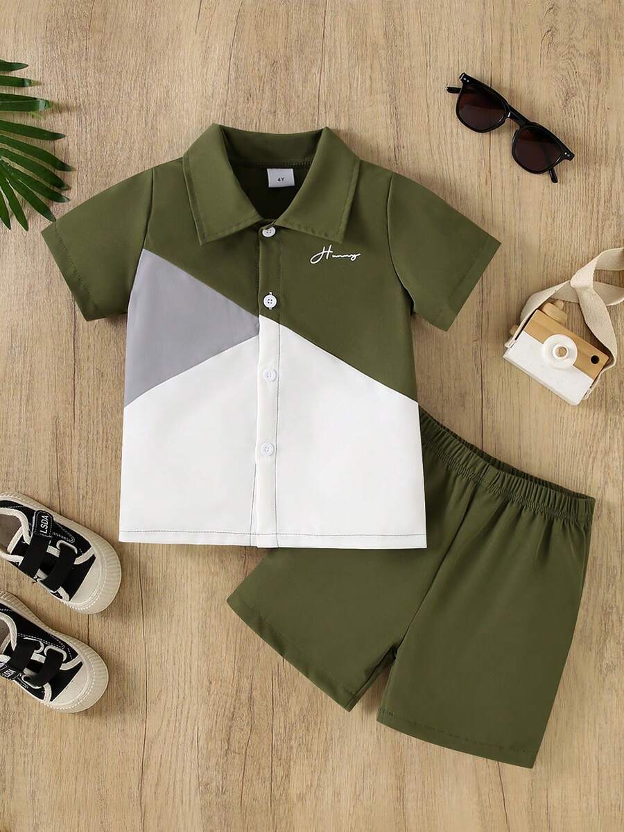 2pcs/Set Young Boys Colorblock Letter Print Button-Down Short Sleeve Shirt And Solid Simple Comfortable Shorts, Summer - Olive Green - View 1