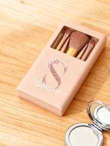 5 pièces/set Ensemble de pinceaux de maquillage portable personnalisable avec miroir, lettres de A à Z, imprimé avec un motif floral simple, ensemble de pinceaux de maquillage en boîte, pinceau de maquillage multifonction avec boîte à miroir, mini stylo de maquillage multifonction, pinceau de fond de teint - multicolore - Voir 4