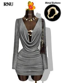 RNU Robe grise sexy pour femmes avec col drapé, boutons métalliques, détails ajourés, sequins minimalistes et bas élastique ajusté. Tenue décontractée pour le bureau, les sorties en boîte de nuit, les concerts, les fêtes sexy, les vacances et les rendez-vous. Manches longues, jupe courte, stretch et coupe slim. Idéale pour le printemps, l'été, l'automne et l'hiver.
