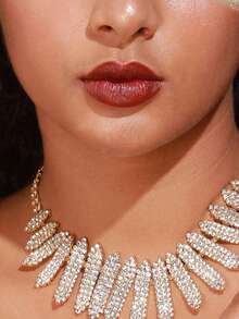 1pc Luxury Women's Full Crystal Rhinestone Fence-Style Multi-Strand Necklace, Romantic Bridal Wedding Party Jewelry Accessory - Gold - View 1