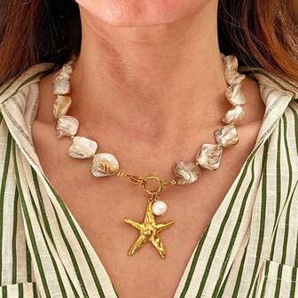 1 pieza Collar con colgante de estrella de mar de acero inoxidable dorado, collar con concha de cuentas, accesorio de moda para mujer