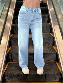 Jeans de pierna recta y ajustada, de cintura media, estilo callejero, apropiados tanto para looks casuales como de moda - Azul lavado medio - Ver 5