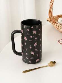 Rose Butterfly Black Powder Mug - Ceramic Style, Creative Fresh Floral Pattern Ceramic Mug, Office Coffee Cup, High-Quality Household Drinking Cup - Multicolor - View 4