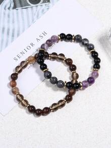 YAUKIA 8mm Brown Striped Agate & Smoky Quartz Bracelets, Brown Crystal Energy Healing Protection Bracelet, Harmony, Balance, Yoga Meditation Jewelry - Multicolor - View 6