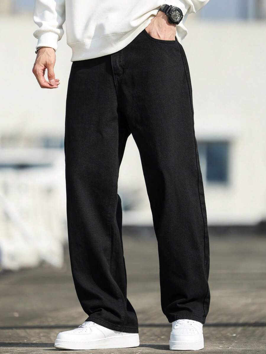 1pc Plus Size Men's Casual Loose Baggy Straight Leg Jeans, Comfortable Versatile Streetwear Style Washed Denim Pants (No Belt Or Accessories) - Black - View 1