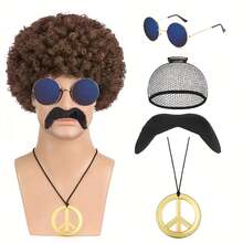 European & American Men's Rock Hairstyle Wigs, Suitable For Halloween, Disco, Hippie, 80s, Punk, Curly Synthetic Hair Punk Costume Set - Multicolor - View 7