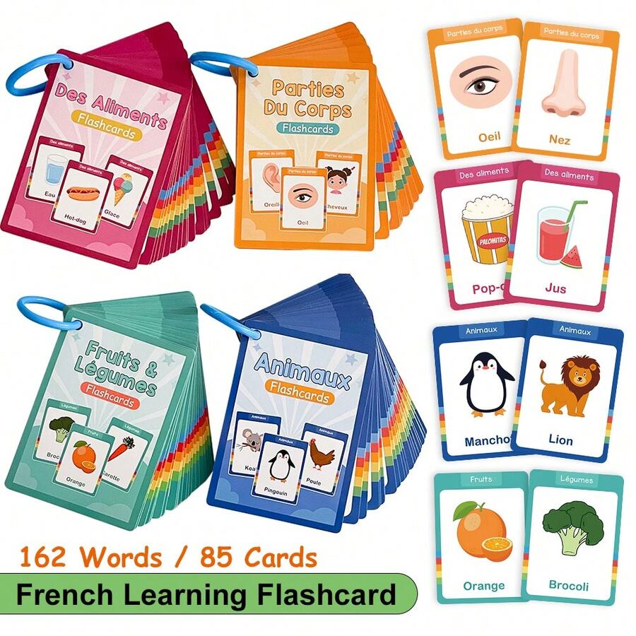 Lachilly Juego de 162 tarjetas de vocabulario francés, incluye temas de alimentos, animales, frutas, partes del Body, herramienta de aprendizaje interactiva para maestros y estudiantes, ayuda para el aprendizaje del francés, juguete educativo para el hogar/escuela