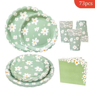 16 chiếc đĩa, khăn ăn và cốc dùng một lần hình cánh hoa màu xanh lá cây xô thơm và trắng, đồ dùng tiệc tùng phù hợp cho 16 khách, đĩa giấy dùng một lần cho sinh nhật, đám cưới, tiệc tùng, dã ngoại gia đình