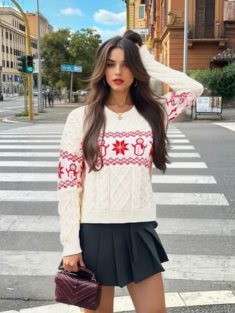 Damtröja med rund halsringning och långärmad stickad tröja för höst/vinter, nyår och julstämning, jacquard, lös passform