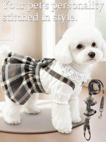 1 Set (Vestido + Correa) Lindo Atuendo de "Estilo Universitario" para Mascotas, Vestido Delantal a Cuadros con Forro de Cuello con Volantes, Correa Decorada con Moño, Adecuado para Perros Pequeños