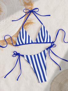 Women's Swimsuit; Fashionable; Purple Two Pieces Swimwear; Summer Beach; Bikini Set; Random Print. - Blue - View 6