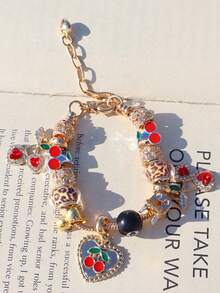 1 件豹纹樱桃串珠手链、1 件黑樱桃 8 毫米串珠手链、时尚豹纹 DIY 手链、1 件红樱桃音乐节手链 - 金色 - 查看 9