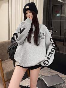 Women's Loose Design Print Warm Sweatshirt Tops, Korean Style, Winter - Grey - View 4