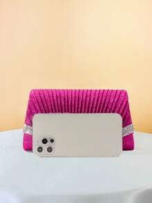 1pc Fuchsia Sequin Elegant Mini Pleated Clutch Bag With Rhinestone, Suitable For Wedding, Banquet, Party - Hot Pink - View 5
