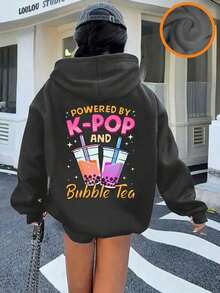 Tween Girl Pearl Milk Tea & K-POP Graphic Fleece Pullover Sweatshirt Sweatshirt, Warm & Cozy Pullover Hooded Sweatshirt For Fashionable K-POP Fans, Autumn/Winter - Dark Grey - View 4