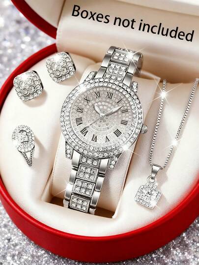 5件套奢华全钻女士腕表套装，罗马数字表盘，镶嵌全钻，包含耳环、戒指和项链。适合派对、婚礼及日常佩戴，是送给女友或闺蜜的精致礼物，也是母亲节、生日、斋月等节日的理想之选。风格奢华，彰显优雅高贵的品味。不含包装盒。