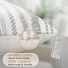 Lumbar Boho - Funda de almohada decorativa con borlas para cama de granja tejido neutro color gris - Crema GrisyBlanco - Ver 2