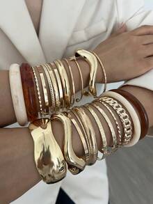 19/10pcs/5pcs/4pcs Fashion Simple Vintage Coin Style Bangle Bracelet Set, Gold-Tone Open Cuff Geometric Smooth Twisted Spiral Wide Bangle Bracelets, Stacking Shiny Bracelets Suitable For Daily Wear, Party, Wedding, Christmas Gift - 金黃色 - 查看 2