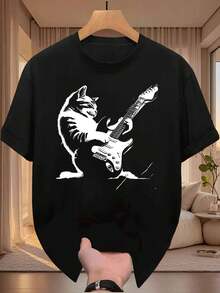 TAGLIE FORTI Maglietta grafica con gatto chitarrista, 100% cotone, vestibilità comoda, traspirante, casual, design grafico