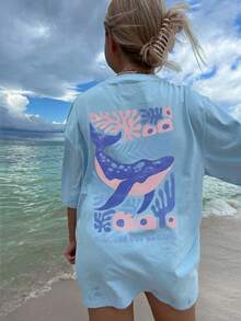 女童印花短袖T恤，舒适时尚，适合年轻学生的夏季上衣。 - 淺藍色 - 查看 3