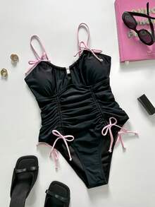 新款女士优雅可爱甜美学院风黑粉色连体泳衣，抽绳打结，不对称/前系带蝴蝶结，适合海滩度假邮轮夏季穿着 - 黑色 - 查看 3