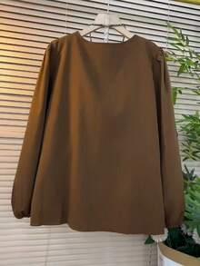 大码女式休闲V领长袖衬衫，夏季日常时尚度假上衣 - 棕色 - 查看 3