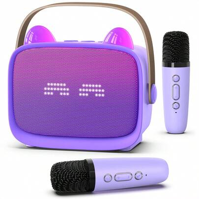 Mini Karaoke-maskin Bärbar Trådlös Högtalare Med 2 Mikrofoner, Färgglada LED-Lampor, Hemma Resa Fest Underhållning Present, Lila/Blå/Rosa