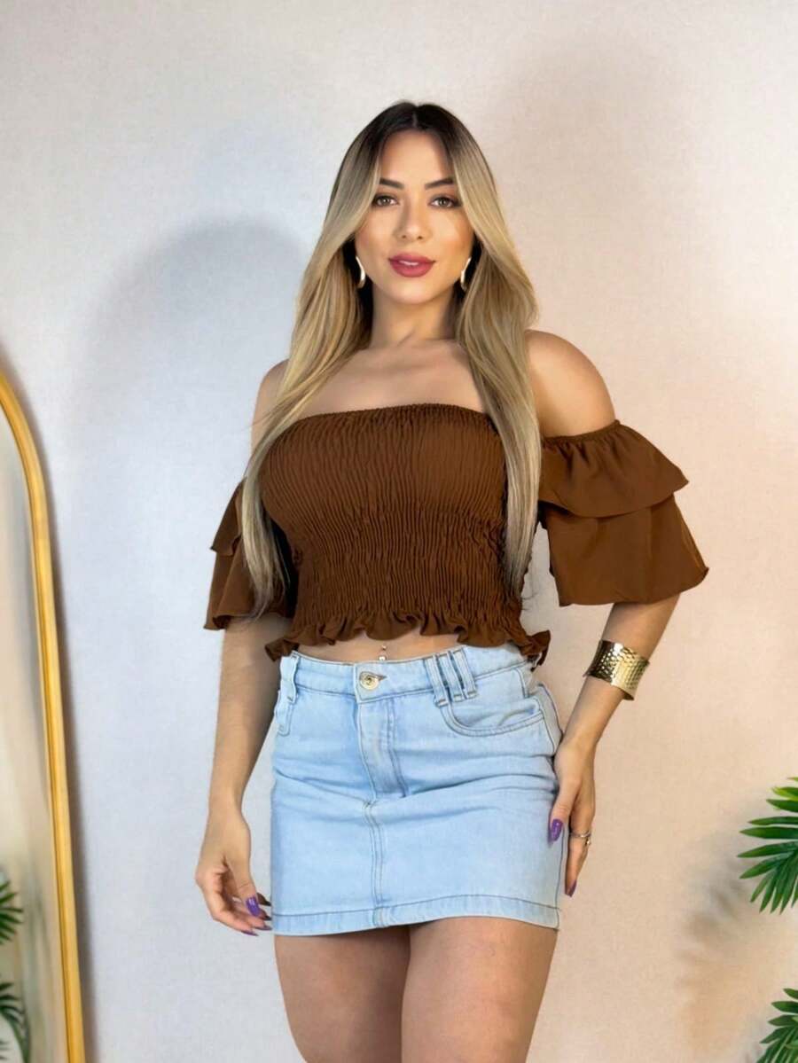 Simple Ruffle Hem Pleated Gathered - Rust Brown - View 1