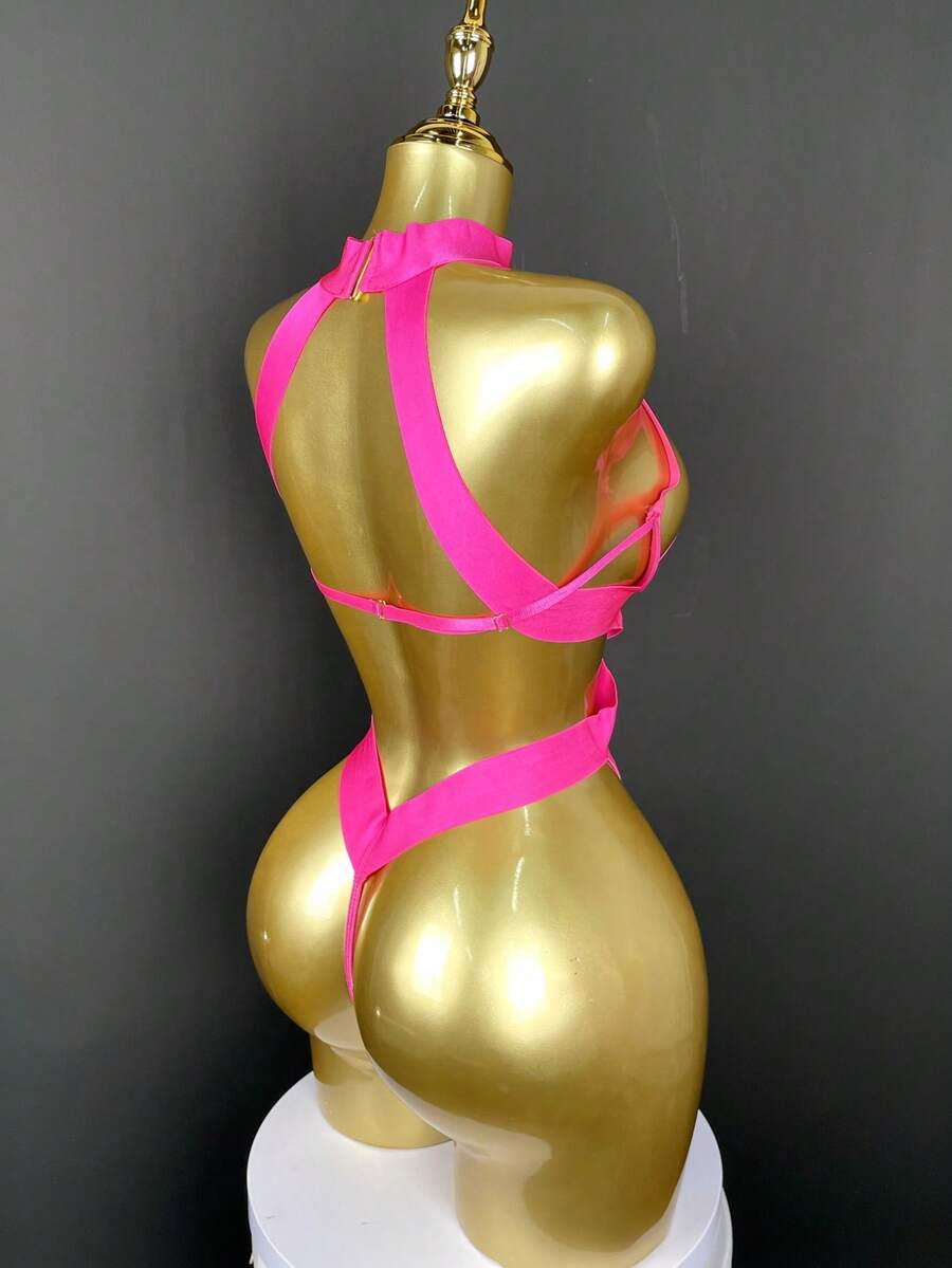 SOFUSEN 1 PCS Women's Sexy Halter Hollow Bandage Bodysuit, Shapewear Open Back Lingerie With Rings, Ideal For Valentine's , Party Home Wear & Gift - 玫紅色 - 查看 1