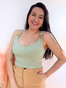 Kit 2 Blusa Cropped Feminina Canelado Alca Com Forro Fivela Dourada Argola Elegante Casual Verao - Preto/Verde - Visão 4