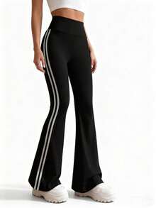 女士高腰喇叭瑜伽裤 - 纯色阔腿运动裤，弹性腰带休闲裤，适合健身房、锻炼和休闲穿着，黑色春季运动款 - 黑色 - 查看 4