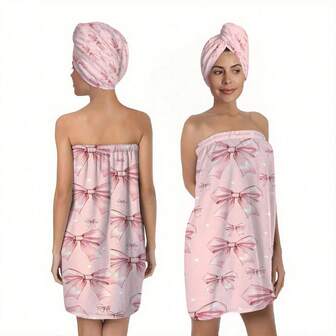 1/2pcs Valentine's Day, Couples And Wedding Ceremony Pink Bow Bathrobe, Sweet Girly Style, Bath Towel, Beauty SPA Towel. The Bathrobe Is In A Strapless Dress Shape, With A Soft Bathrobe. The Front Of The Dress Is Decorated With A 3D Pink Big Bow, With An Overall Pink And Eye-Catching Tone. Towel And Hair Dryer Cap Set - Cute Pink Ultra-Fine Fiber Bath Towel, Adjustable Strap - Quick-Drying, Suitable For Spa, Dormitory, Beach And Other Occasions, A Great Gift For Her.