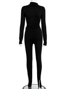 Bộ 2 món màu đen cổ tròn tay dài, kiểu dáng thanh lịch thường ngày, phù hợp cho tiệc tùng, chất liệu co giãn vừa phải, thích hợp cho mùa xuân. - màu đen - Xem 9