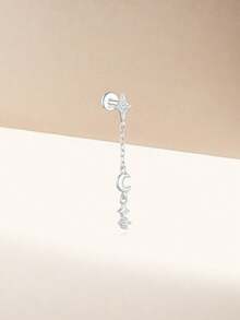 1pc 925 Sterling Silver Zirconia Stone Tassel Chain Threaded Stud Earrings, Flat Base Earrings Suitable For Ear Cartilage Piercing, Low Allergy, Women Flat Stud Earrings, Ear Cartilage Piercing Jewelry - Silver - View 4