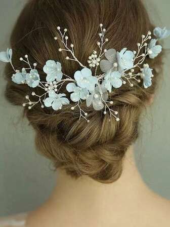 1件欧美风手工花朵珍珠发梳头饰，波西米亚古典头饰配饰，适合新娘、婚纱、女士服装、发饰、侧梳