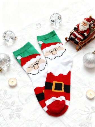 1 Pair Cartoon Santa Claus Unisex Mid-Calf Socks, Suitable For Christmas