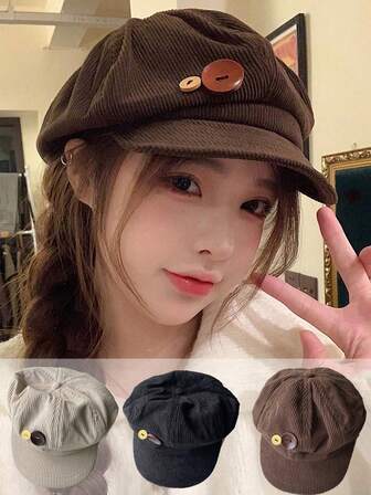 Adjustable Women's Hat, Retro Brown Color, Button Decor, Versatile, Suitable For Autumn/Winter