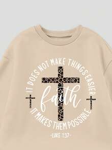 Vintage Letter Print Round Neck Plus Size Women's Long Sleeve Sweatshirt, Suitable For Wearing In Autumn And Winter, Plush Fabric, Skin-Friendly And Warm. - Apricot - View 3