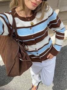 FOR BEAUTY 女士圆领长袖条纹针织衫，新款时尚设计，百搭纽扣开衫，适合日常通勤，柔软休闲宽松款式，新年毛衣 - 彩色 - 查看 3