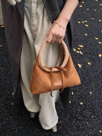 2025 Autumn/Winter Fashionable Colorblock Casual Handbag, Versatile Women's Crossbody Bag, Tote Bag, Furry Trim Bag