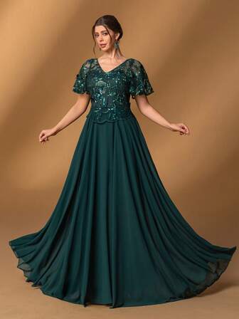 Faeriesty Vestido elegante bordado para la madre de la novia: Vestido formal de línea A con escote en V y mangas con volantes para ceremonias de boda, galas de etiqueta negra, recepciones formales, cenas de gala, eventos costeros, conjuntos a juego para Navidad