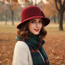 Womens Cloche Hats Stylish Solid Color Decorative Bow Bucket Hat Round Top Short Brim Church Cap - 紅色 - 查看 4