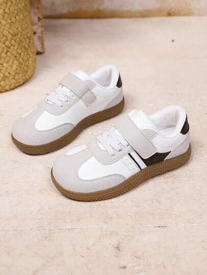 1 Pair Casual, Simple, Campus Style Hook And Loop Flat Outdoor Children Sports Skateboard Sneakers, Suitable For All Seasons